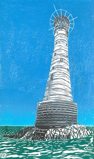 Lino Cut of Bishops Rock Lighthouse